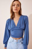 İndigo Mavi Derin V Yaka Crop Sandy Örme Bluz BF00050