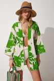 Bej Yeşil Desenli Keten Viskon Kimono BH00381
