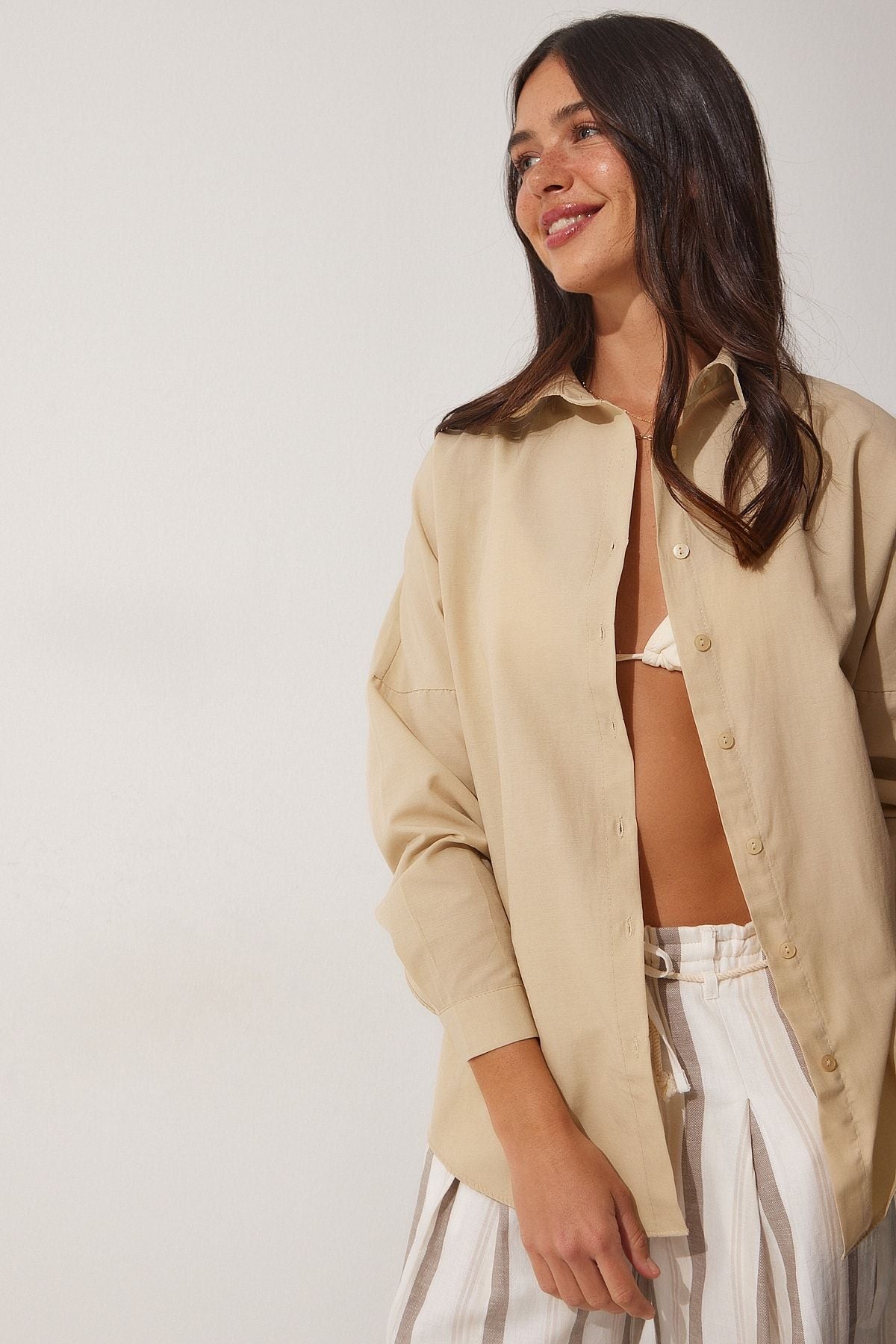 Koyu Krem Oversize Uzun Basic Gömlek  DD00842