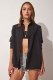 Siyah Oversize Basic Poplin Gömlek BH00420