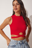 Kırmızı Mavi 2'Li Halter Yaka Fitilli Crop Örme Bluz CE00077