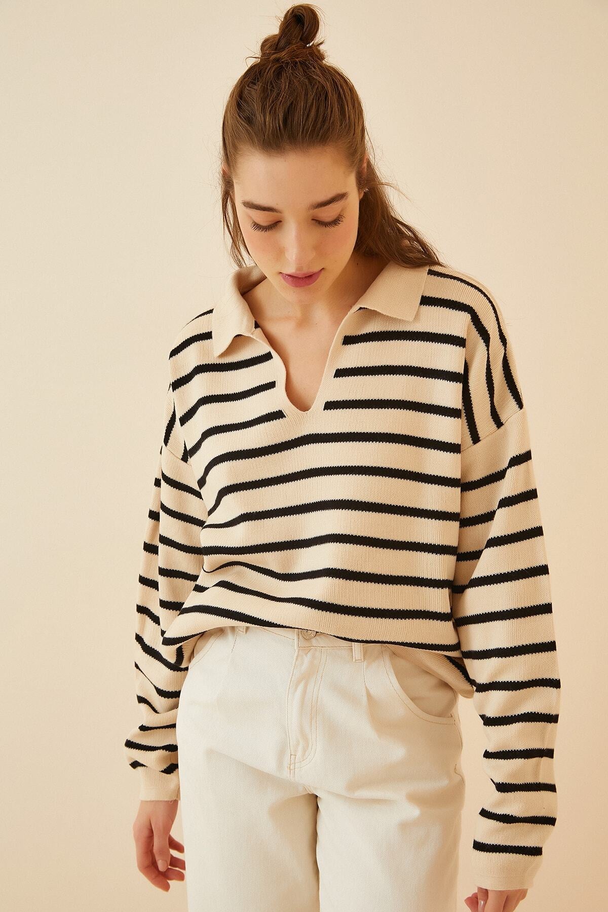 Koyu Krem Polo Yaka Crop Triko Kazak  US00293