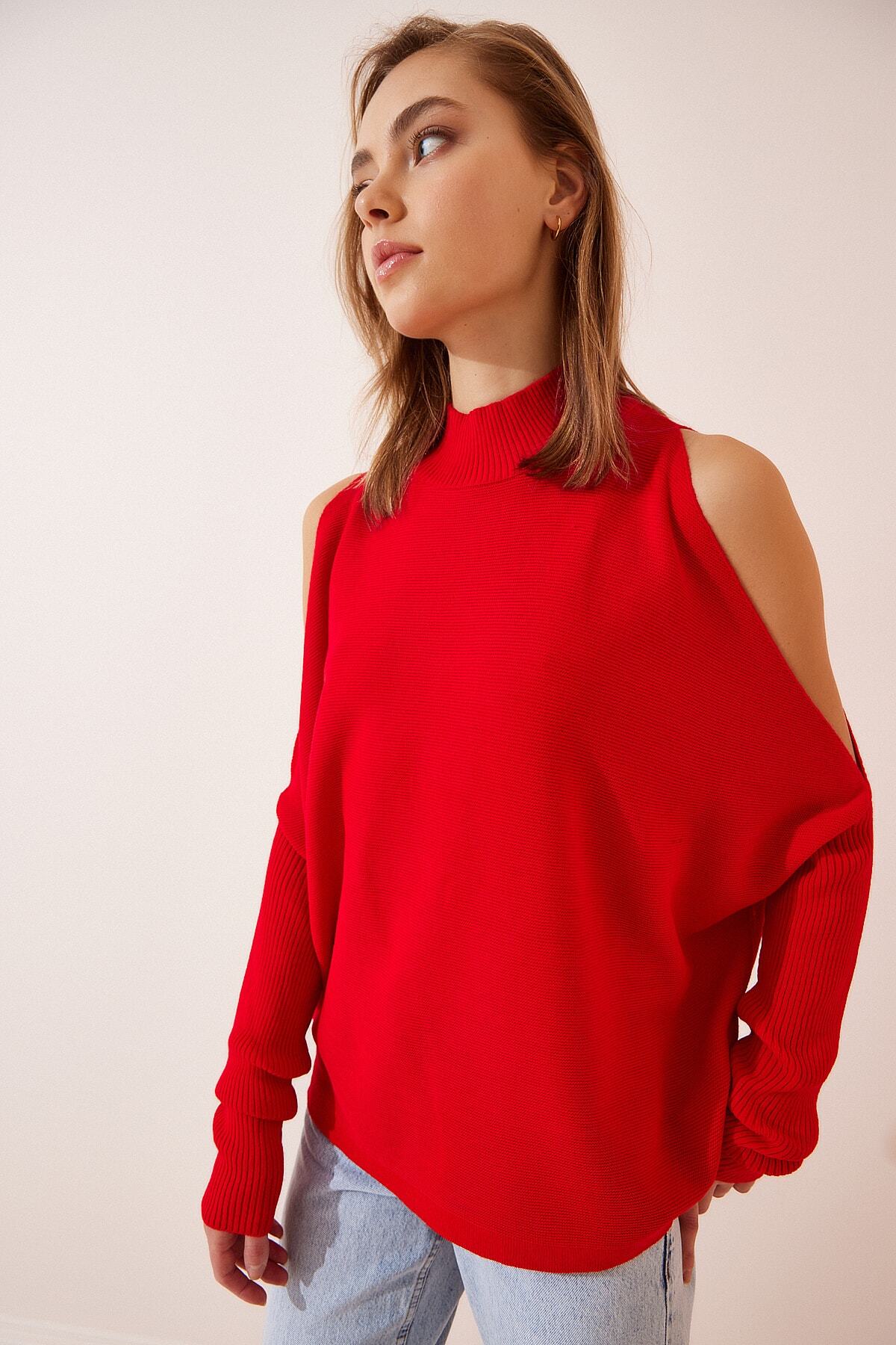 Kırmızı Cut Out Detaylı Oversize Triko Kazak AS00015