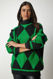 Yeşil Baklava Desenli Oversize Triko Kazak YY00161