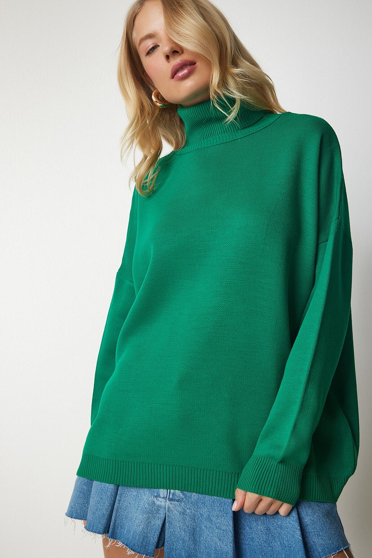 Yeşil Balıkçı Yaka Oversize Triko Kazak MX00133