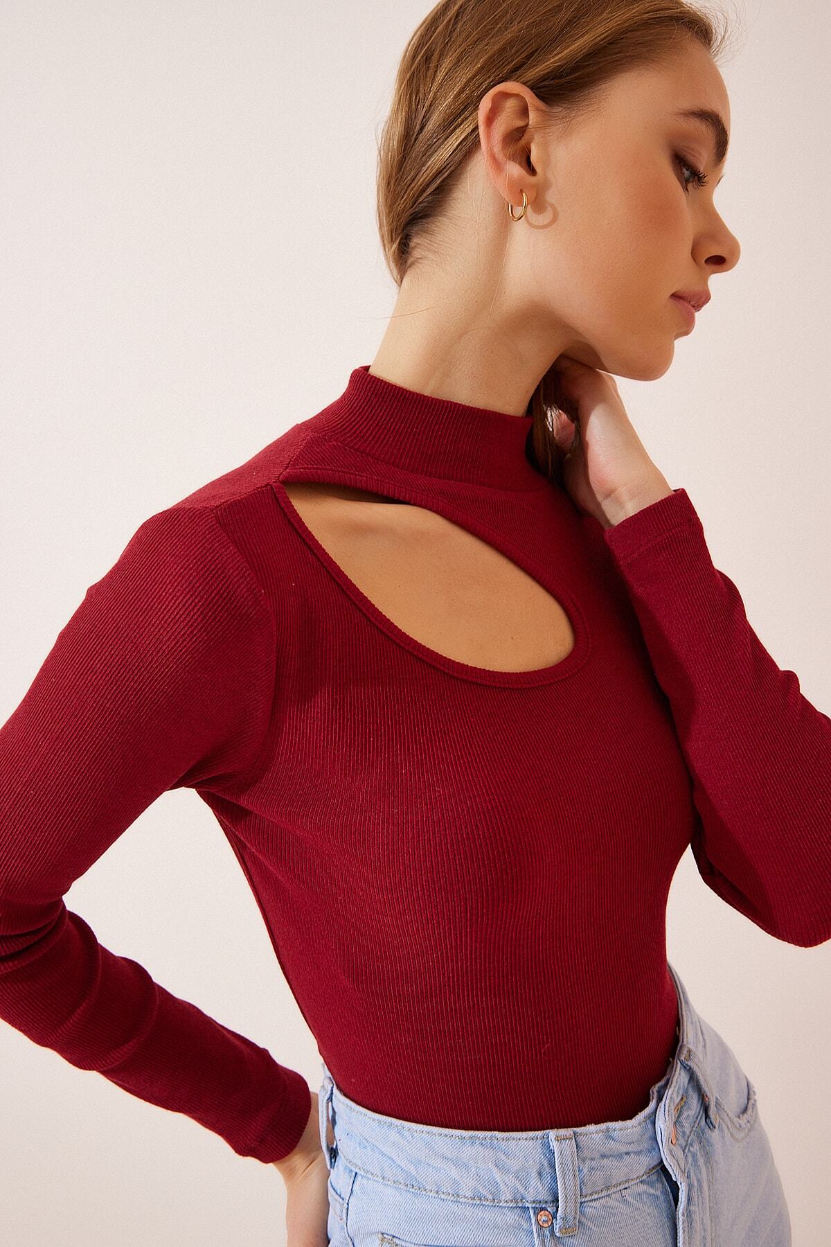 Bordo Cut Out Detaylı Fitilli Örme Bluz GT00065