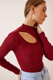 Bordo Cut Out Detaylı Fitilli Örme Bluz GT00065