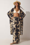 Siyah Bej Desenli Viskon Kimono Palazzo Pantolon Takım CI00086