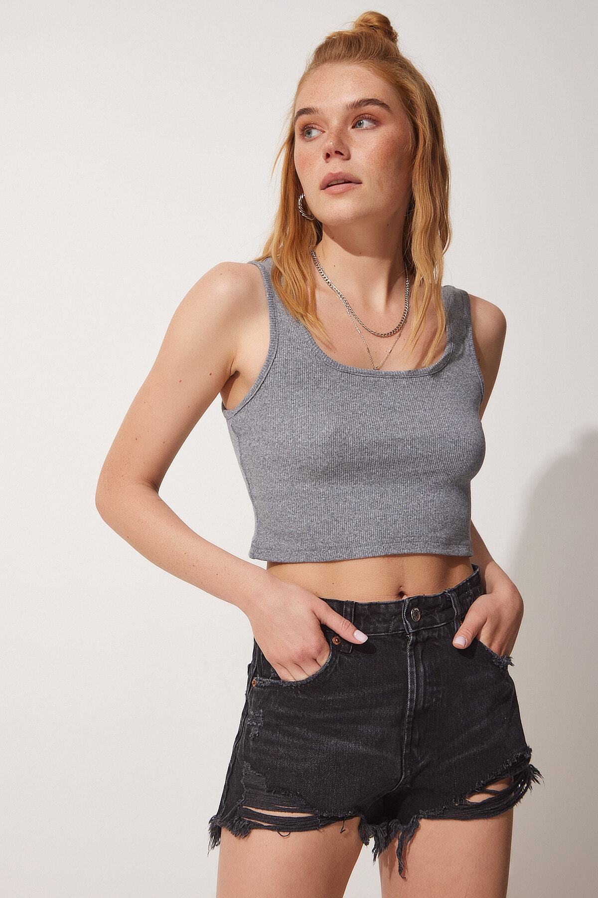 Gri Askılı Fitilli Crop Örme Bluz GT00030