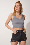 Gri Askılı Fitilli Crop Örme Bluz GT00030