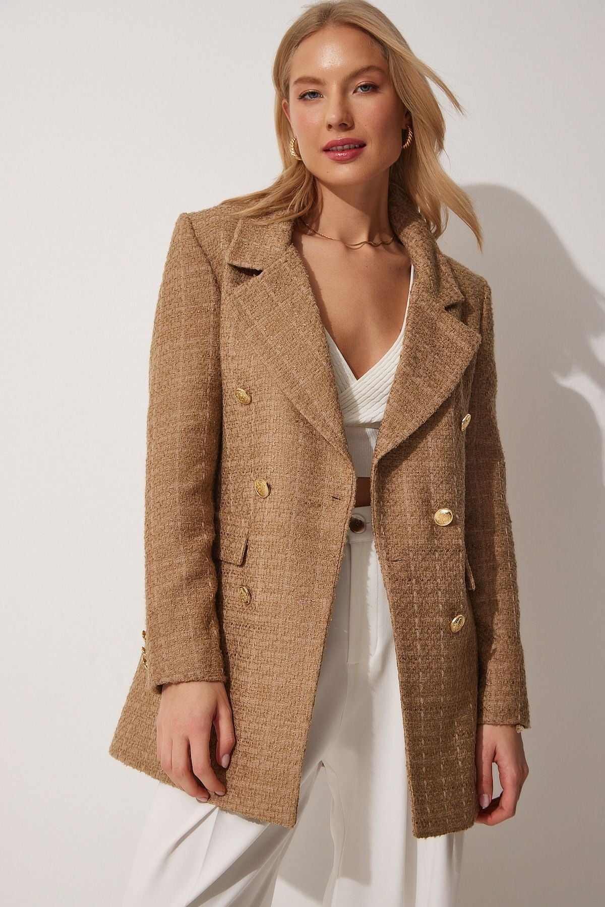 Koyu Bisküvi Düğmeli Blazer Tüvit Ceket WF00004
