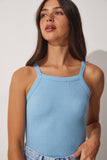 Gök Mavi Fitilli Crop Halter Yaka Örme Atlet ZV00106