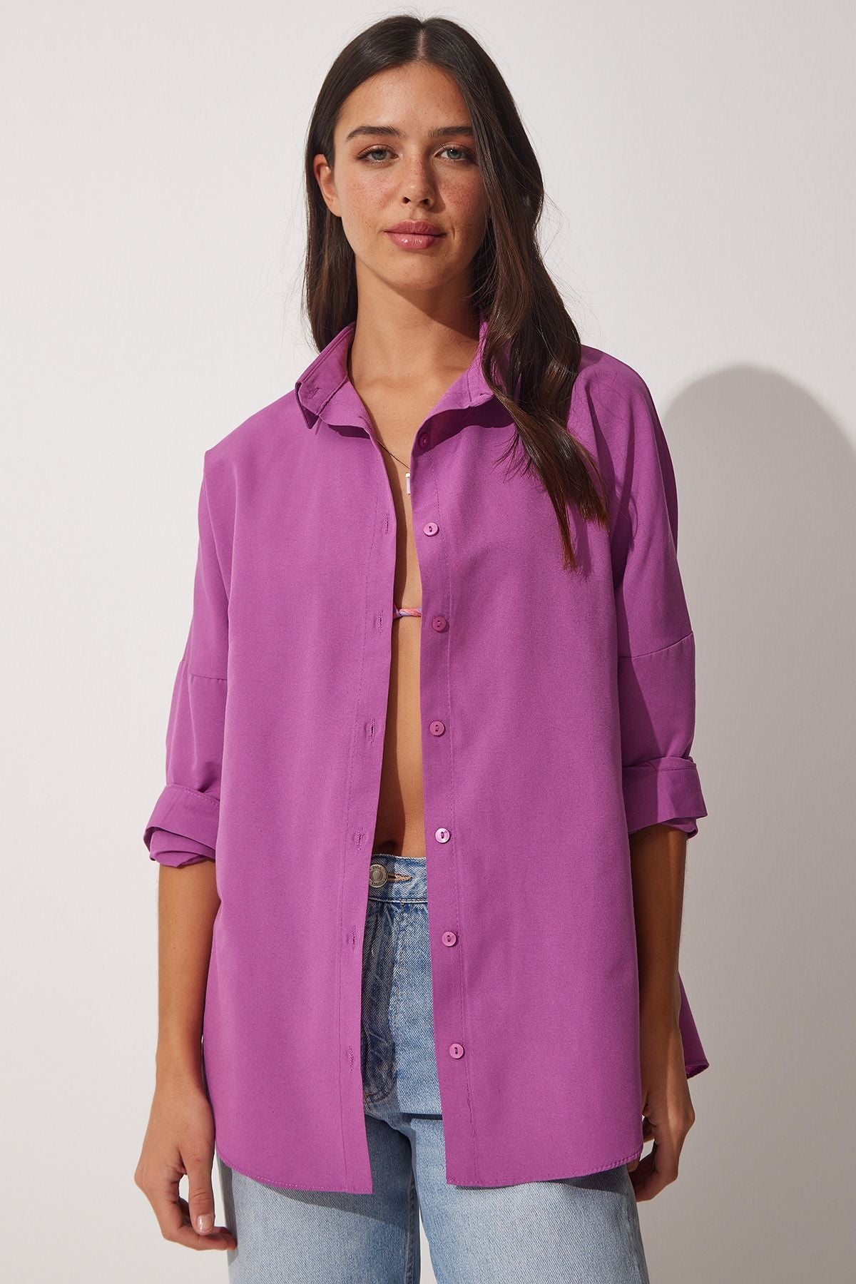 Orta Lila Oversize Uzun Basic Gömlek  DD00842