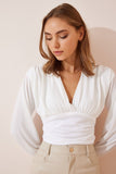 Ekru Derin V Yaka Crop Sandy Örme Bluz BF00050