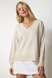 Krem V Yaka Oversize Triko Kazak BV00082