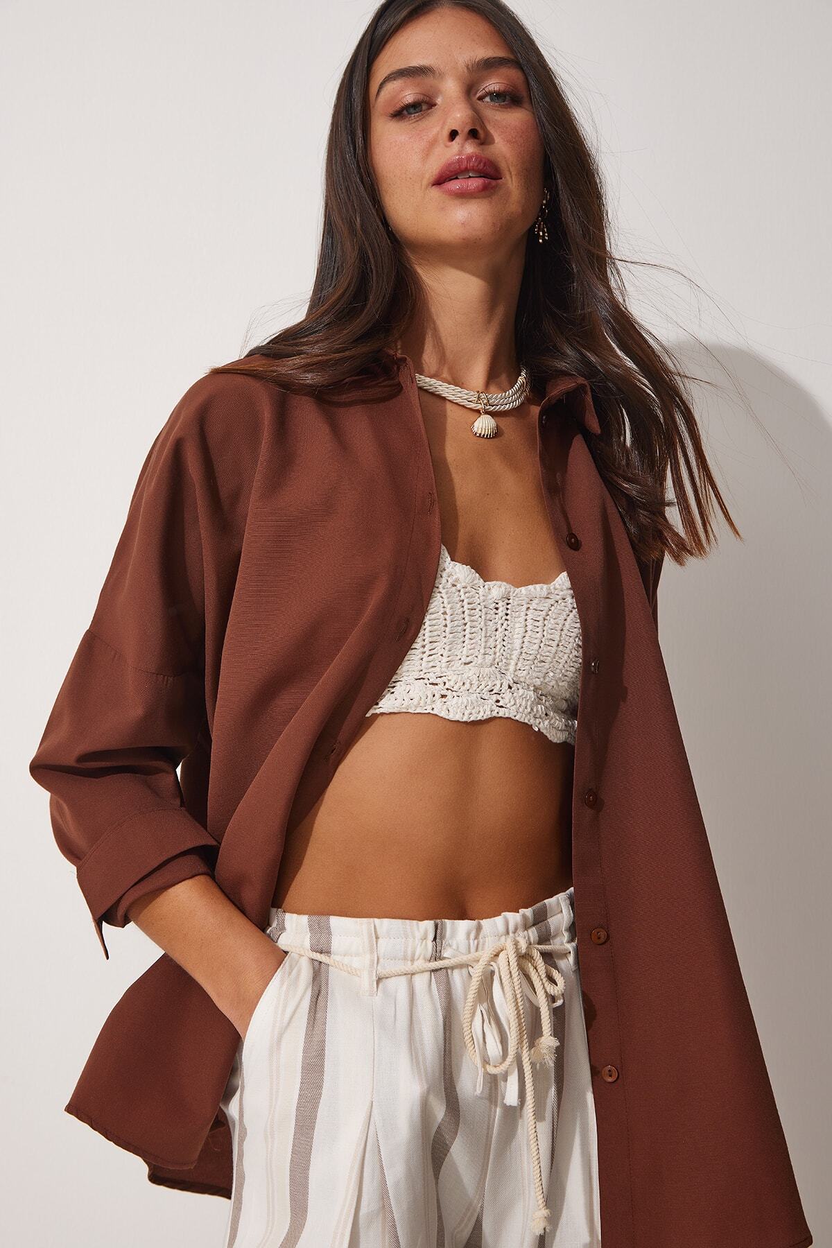 Kakao Oversize Uzun Basic Gömlek  DD00842