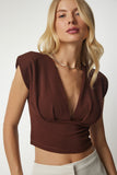 Kahverengi Hafif Dekolteli Crop Bluz CI00087
