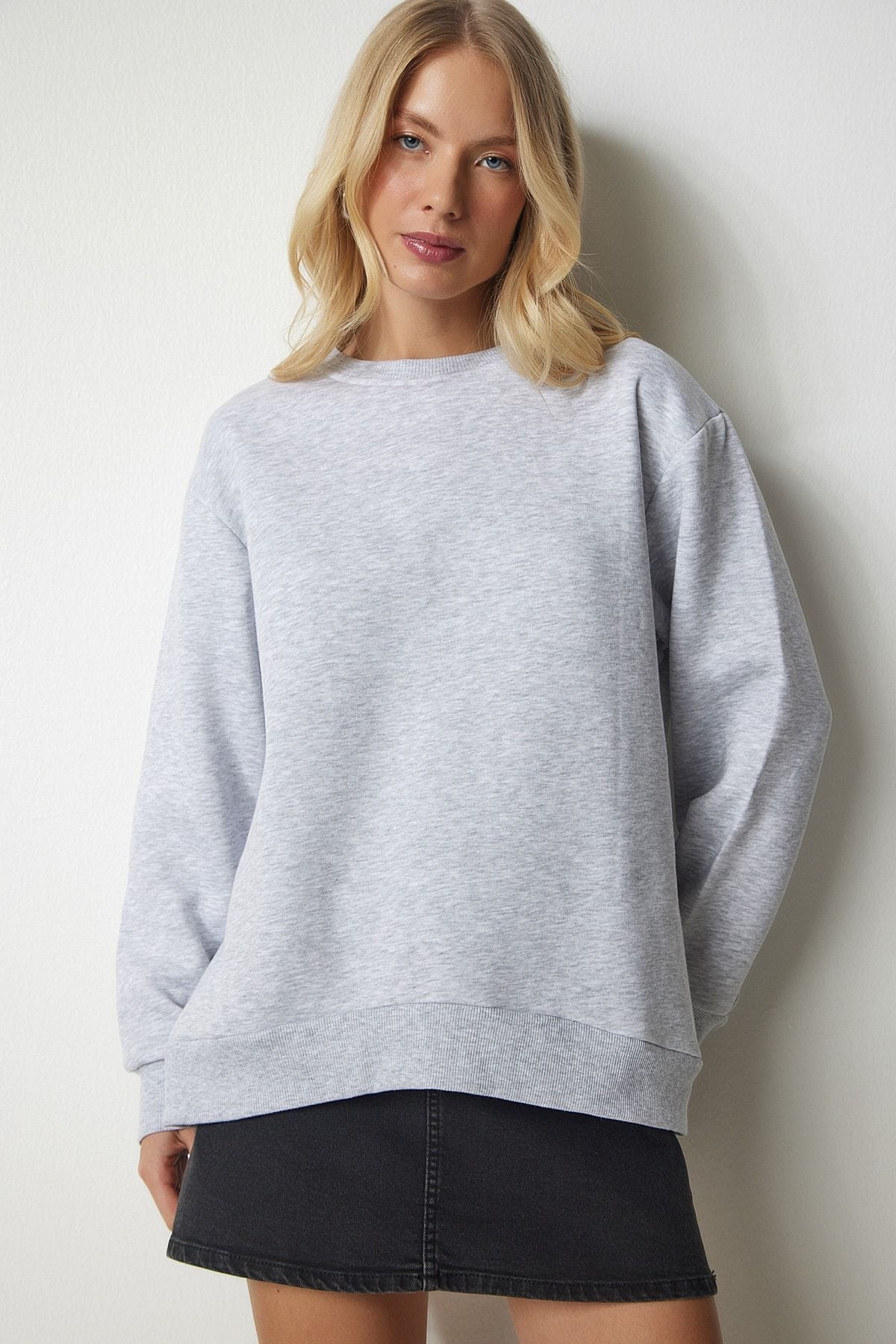 Gri Arkası Fermuarlı Şardonlu Örme Sweatshirt UB00146
