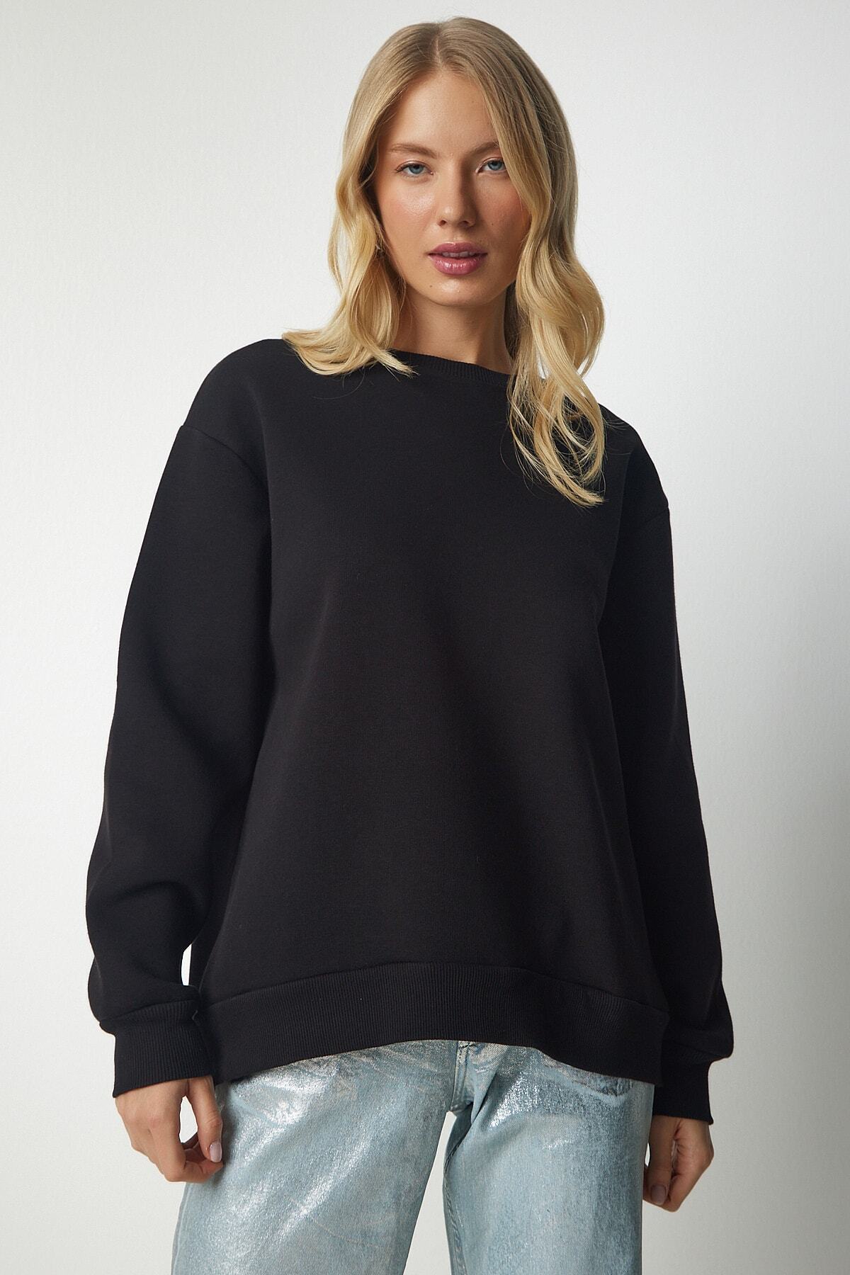 Siyah Arkası Fermuarlı Şardonlu Örme Sweatshirt UB00146