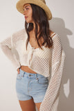 Krem Ajurlu Crop Bolero Triko Hırka MC00192