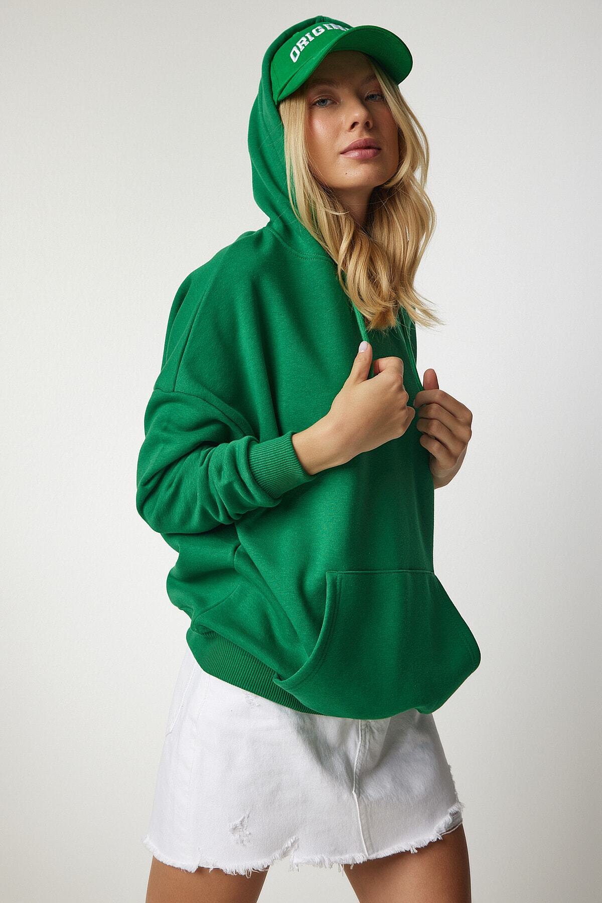 Yeşil Kapüşonlu Şardonlu Basic Sweatshirt SM00153