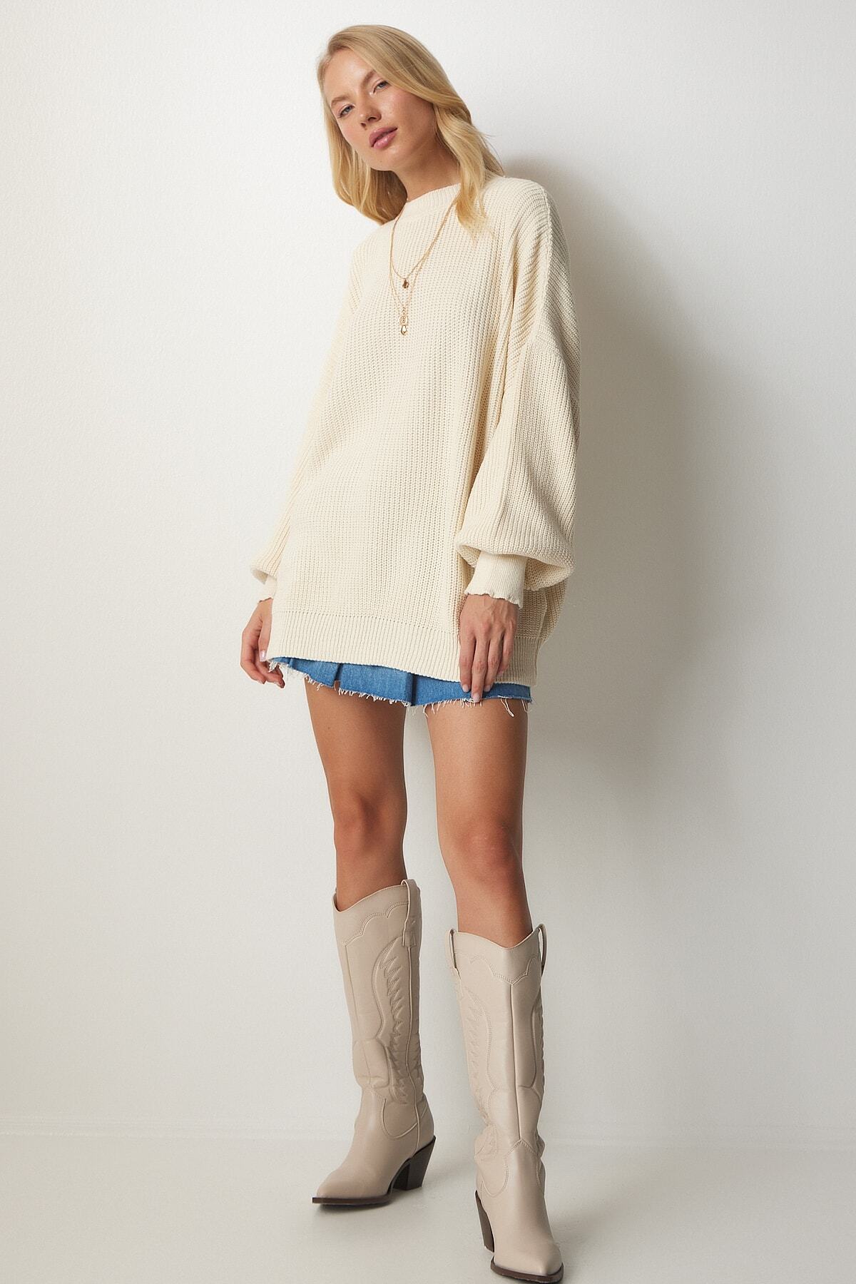 Krem Oversize Basic Triko Kazak mx00126