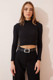 Siyah Fitilli Balıkçı Yaka Crop Örme Bluz GT00059