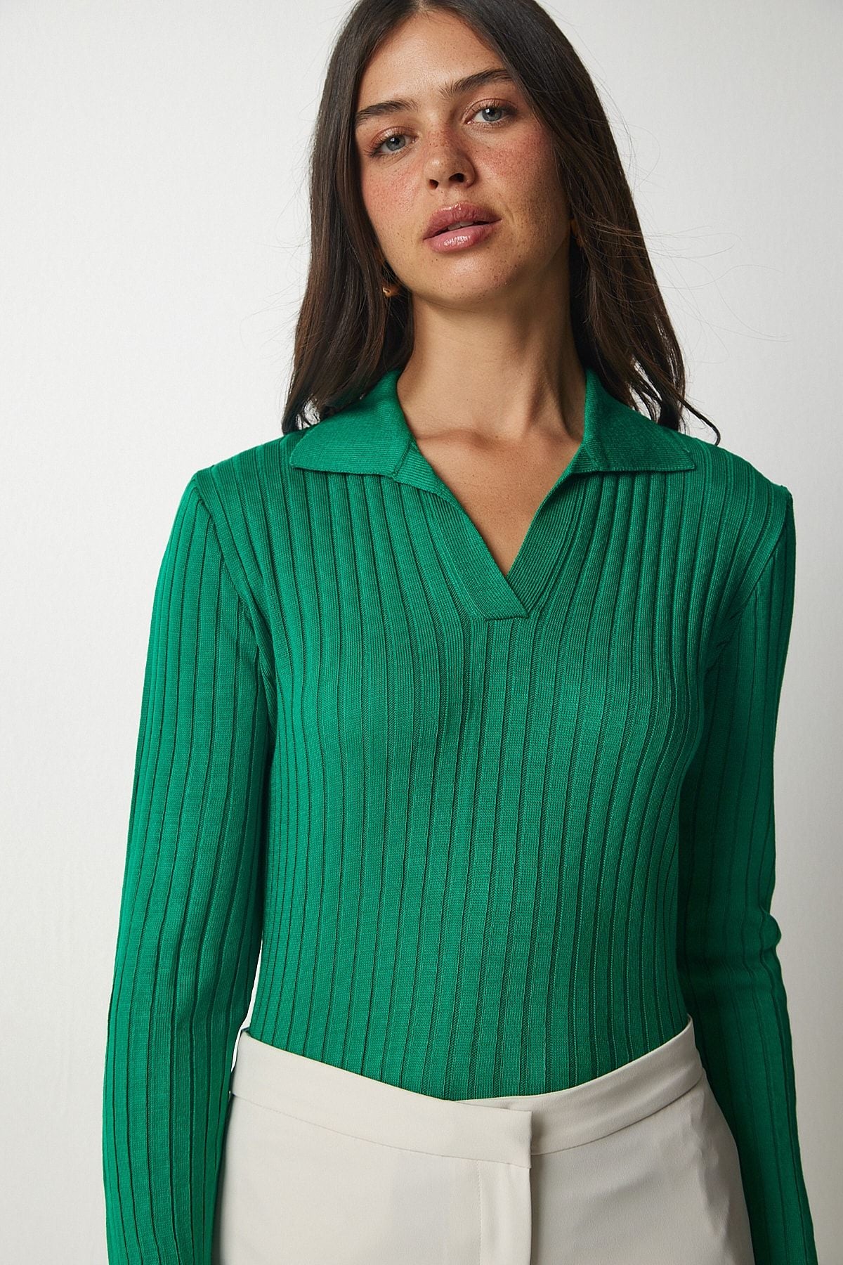 Yeşil Polo Yaka Fitilli Triko Kazak BV00011