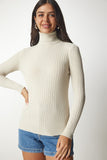 Bej Balıkçı Yaka Fitilli Basic Kazak bv00095