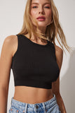 Siyah Bisiklet Yaka Yazlık Crop Triko Bluz ER00050