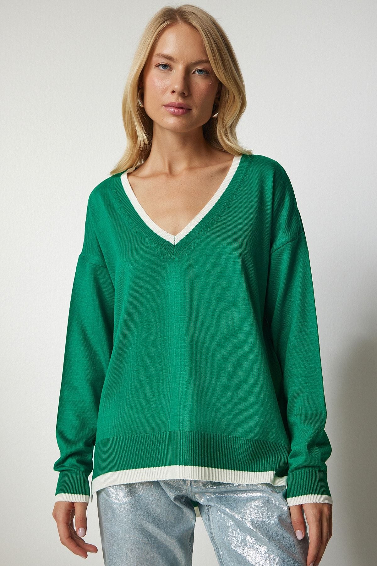 Yeşil V Yaka Oversize Triko Kazak BV00081