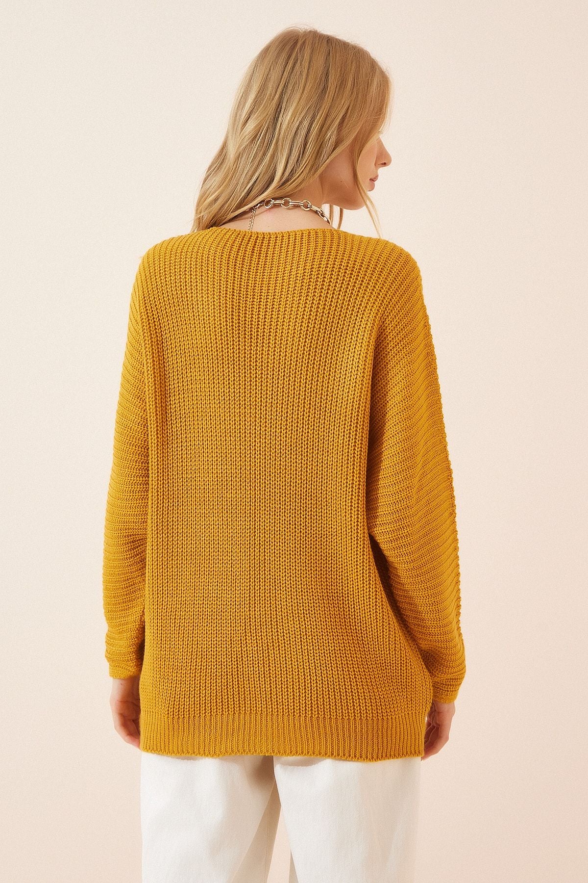 Hardal V Yaka Selanik Örgü Oversize Triko Kazak ZA00059