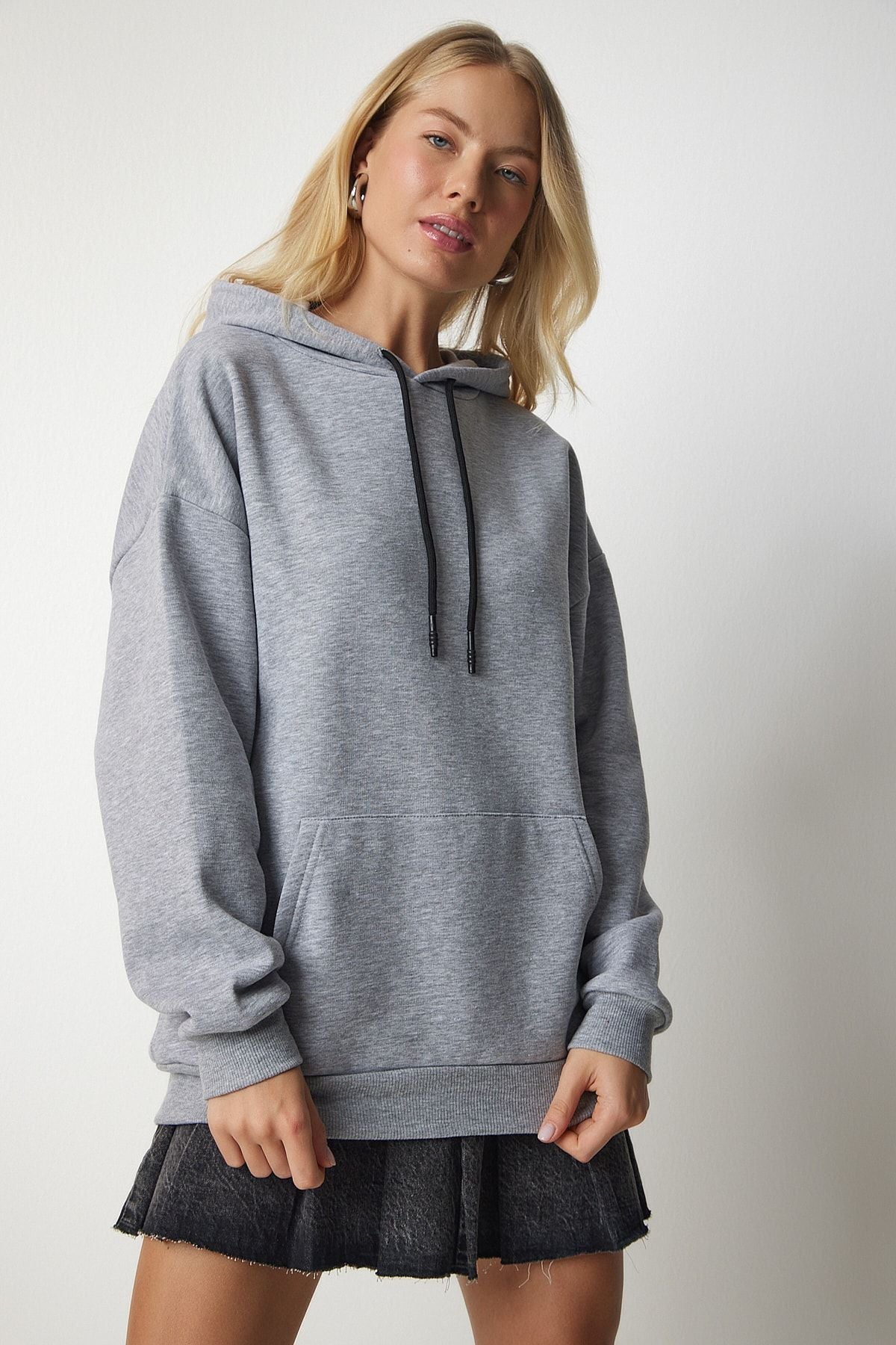 Gri Kapüşonlu Örme Sweatshirt EW00001