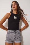 Siyah Halter Yaka Nakışlı Fitilli Crop Örme Bluz US00904