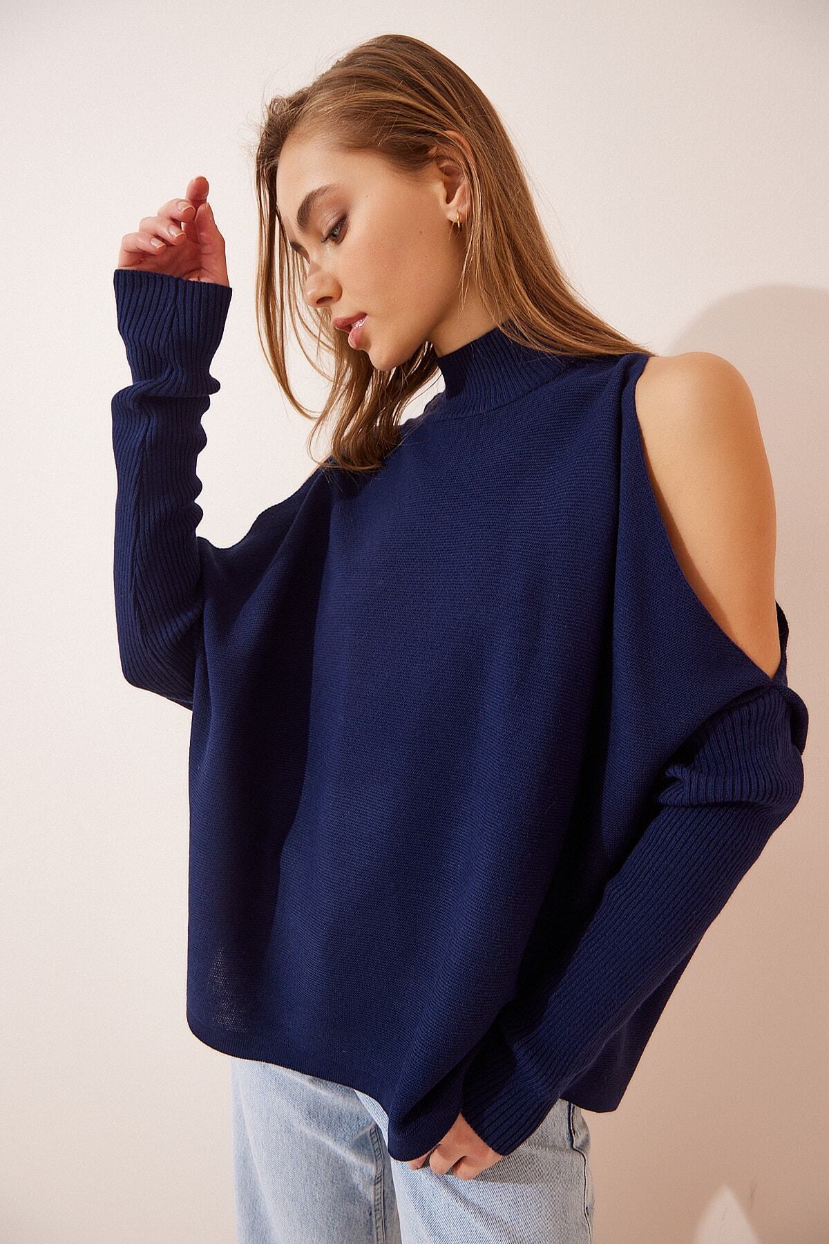 Lacivert Cut Out Detaylı Oversize Triko Kazak AS00015