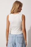 Ekru V Yaka Fitilli Crop Bluz UB00058