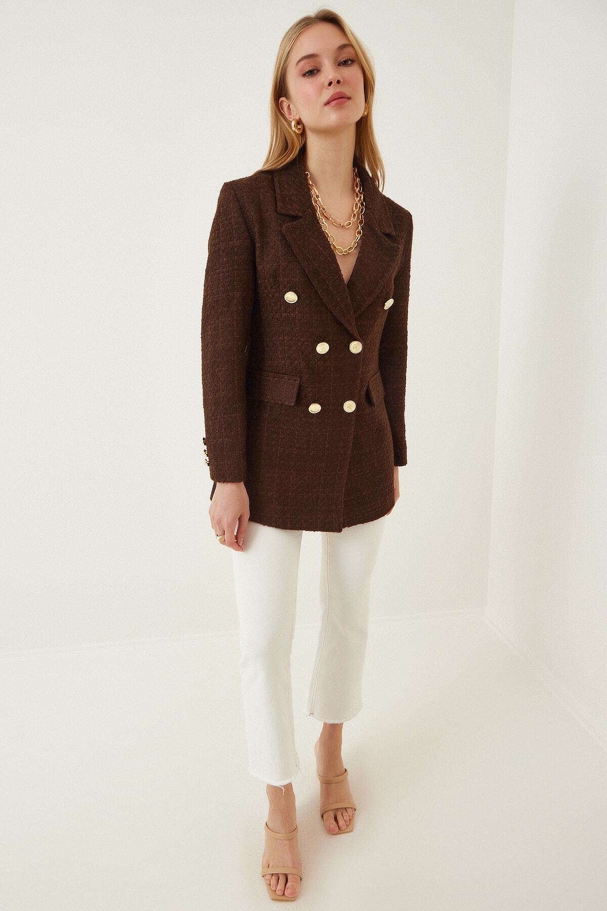 Kahverengi Düğmeli Blazer Tüvit Ceket WF00004