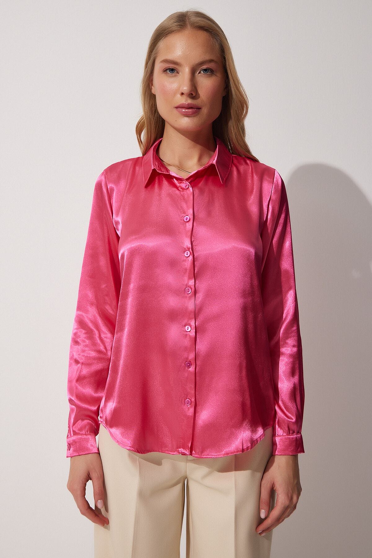 Canlı Pembe Hafif Dökümlü Saten Yüzeyli Gömlek DD00990