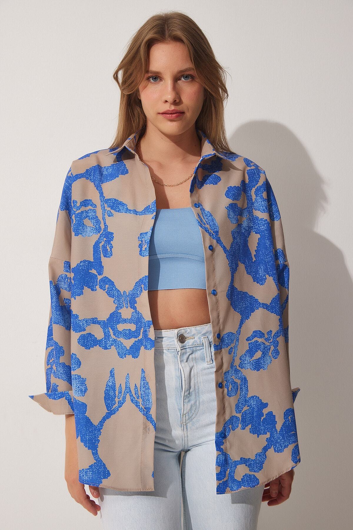 Mavi Bej Desenli Oversize Poplin Gömlek DD01227
