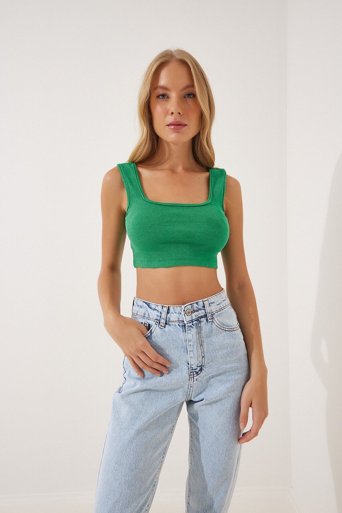 Yeşil Askılı Fitilli Crop Örme Bluz GT00030
