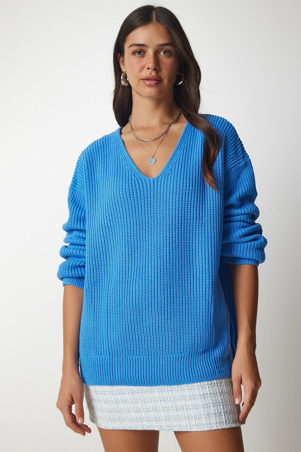 Açık Mavi V Yaka Oversize Basic Triko Kazak MX00130