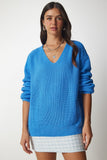 Açık Mavi V Yaka Oversize Basic Triko Kazak MX00130