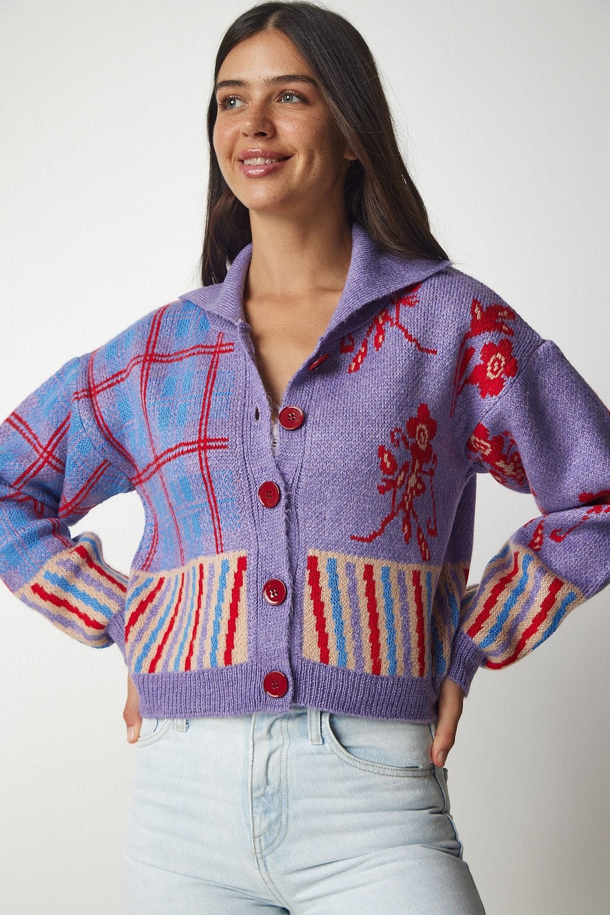 Lila Polo Yaka Desenli Triko Hırka BV00103