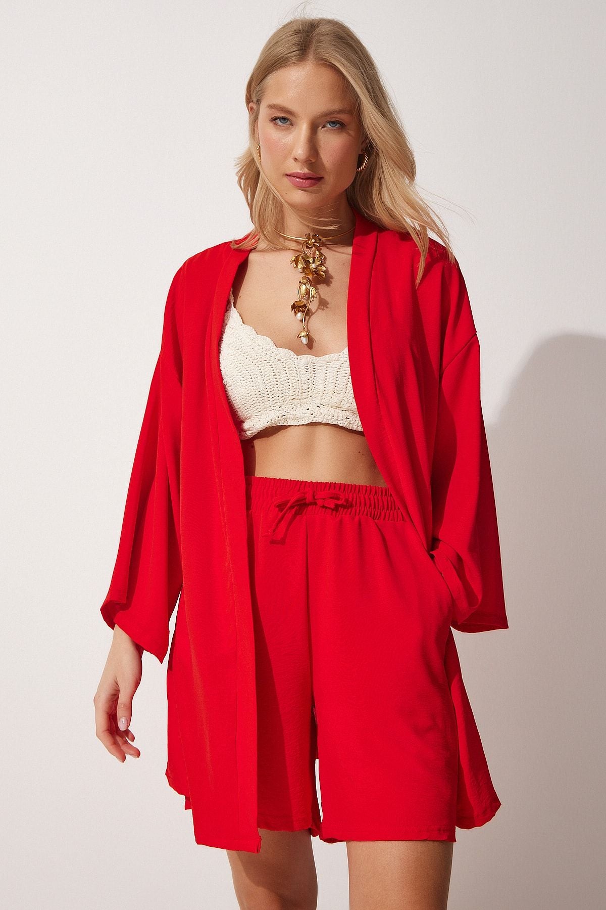 Canlı Kırmızı Dökümlü Ayrobin Kimono Şort Takım  DZ00053