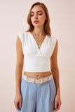 Ekru Derin V Yakalı Crop Sandy Örme Bluz BF00039
