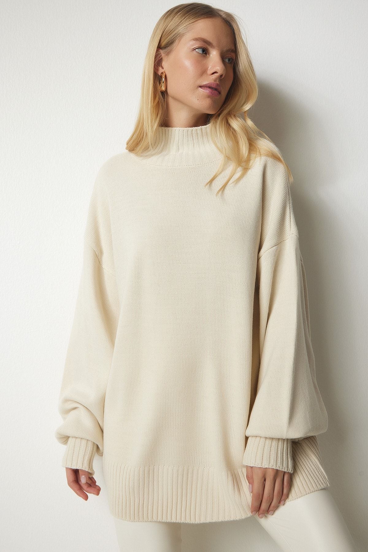 Krem Dik Yaka Oversize Basic Triko Kazak YY00167