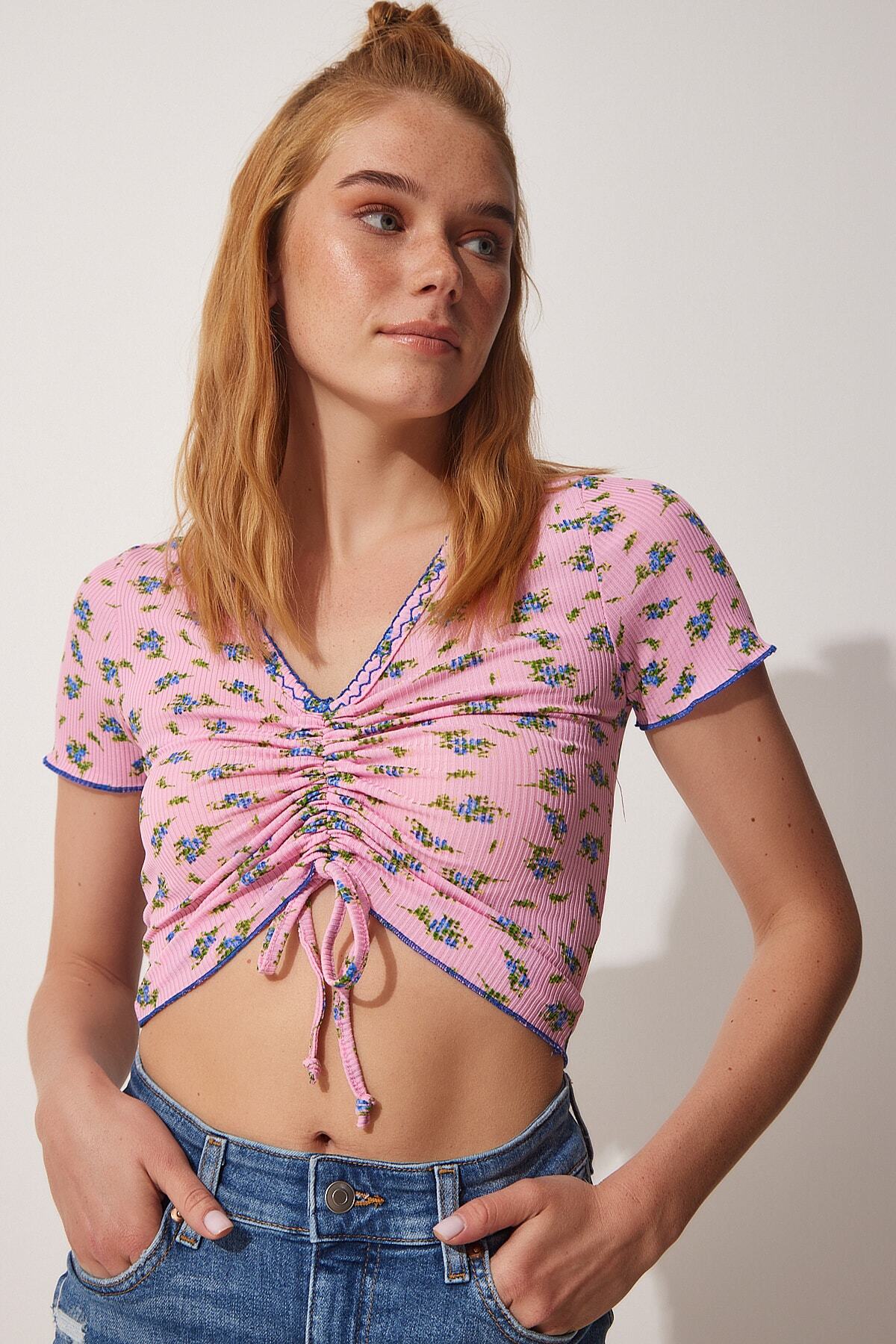Pembe Çiçekli Büzgülü Crop Örme Bluz UB00086