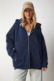 Lacivert Kapüşonlu Fermuarlı Oversize Sweatshirt UB00124