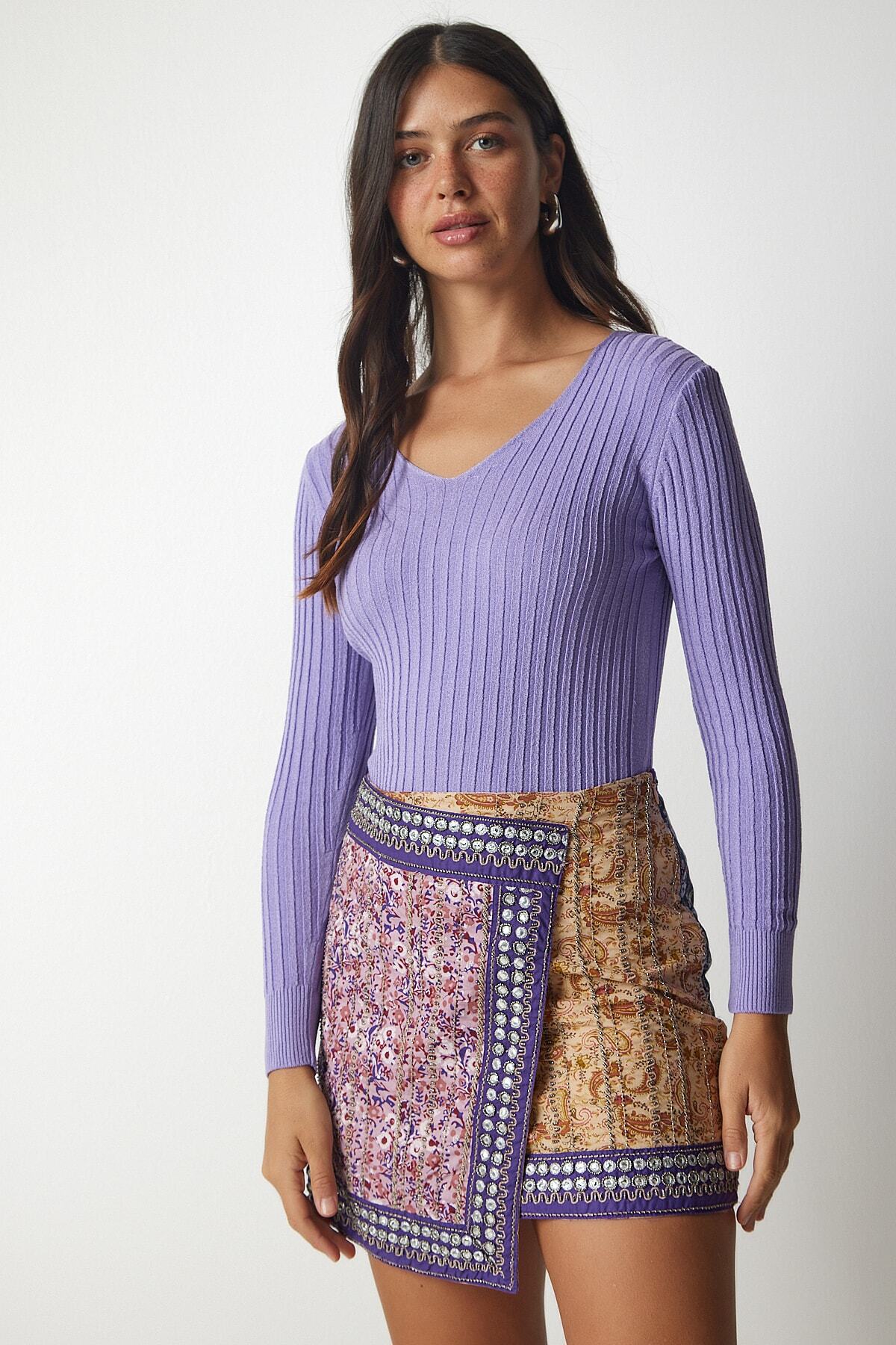 Lila V Yaka Fitilli Basic Bluz BV00096
