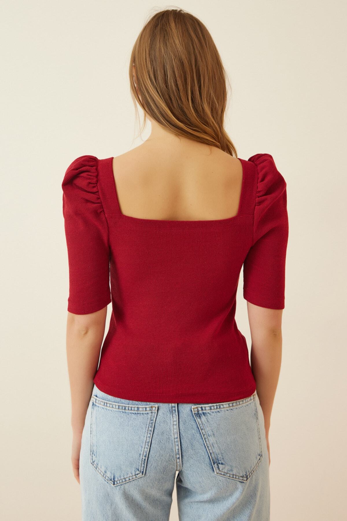 Bordo Kare Yaka Fitilli Crop Bluz GT00007